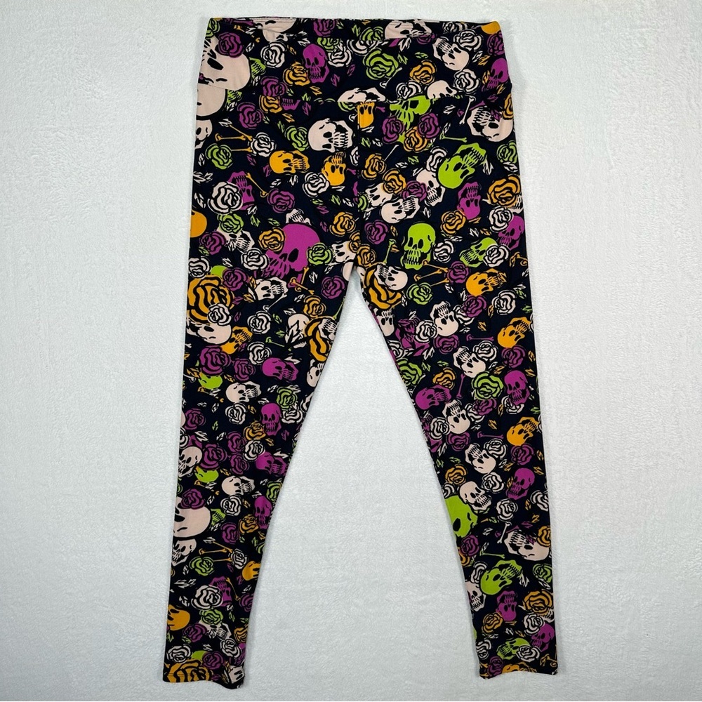 LuLaRoe LEGGINGS Curvy SKELETON HEADS Black Neon Pink Green Soft‎ Stretch